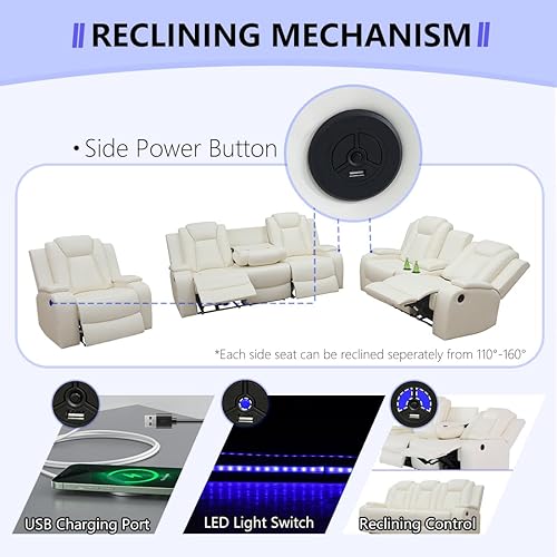 Miniatura 3 de Juego de sofá reclinable eléctrico de 2 piezas con luces LED, moderno sofá reclinable de cuero de aire y sofá biplaza con mesa auxiliar, muebles