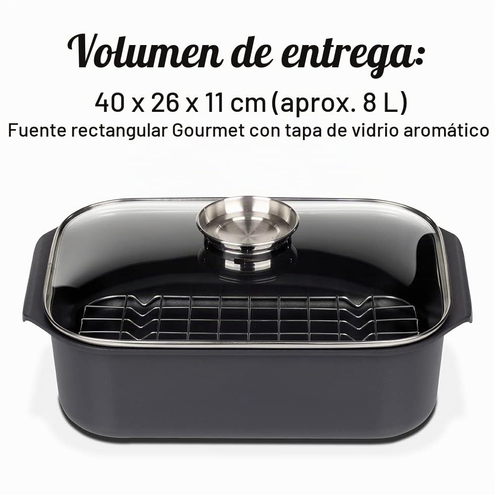 GSW Asador rectangular gourmet con tapa de cristal aromático e inserto para parrilla, aluminio fundido, negro, ø aprox. 40 x 26 x H 11 cm