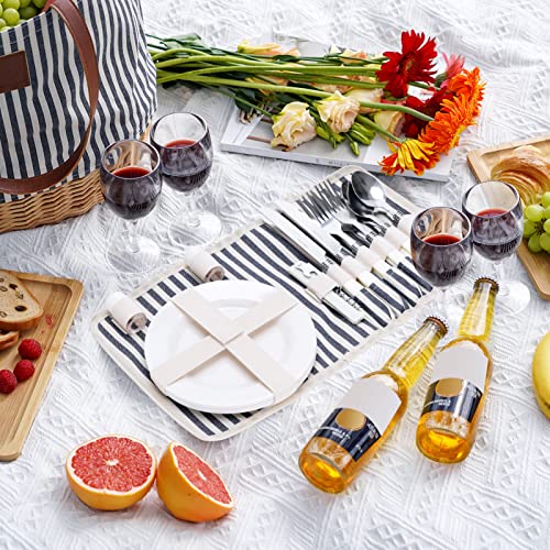 Picnic Basket Set for 4 with Removable Dinner Kit Pouch, 4 Each Flatware Plates Wine Glasses, Roomy Insulated Picnic Beach Tote Bag with Unique Wicker Base, Ideal Gift for Women Mom Girlfriend