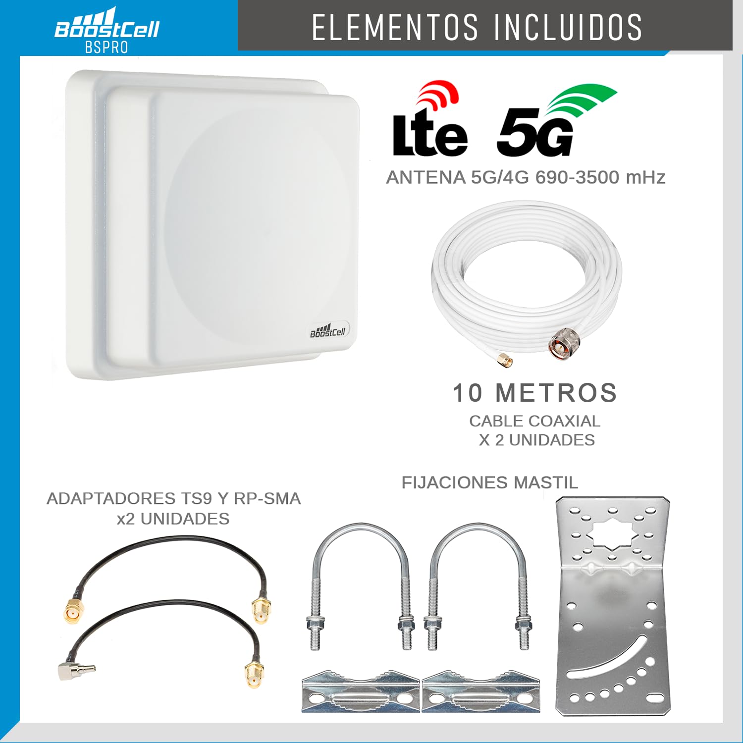 BSPRO. Antena 4G/5G LTE MIMO Direccional Exteriores. 700/800/900/1500/1800/2100/2600/3500 mhz. Compatible con TODOS los routers con conexiones SMA/TS9/RP-SMA. Cables de baja pérdida de 10 METROS.