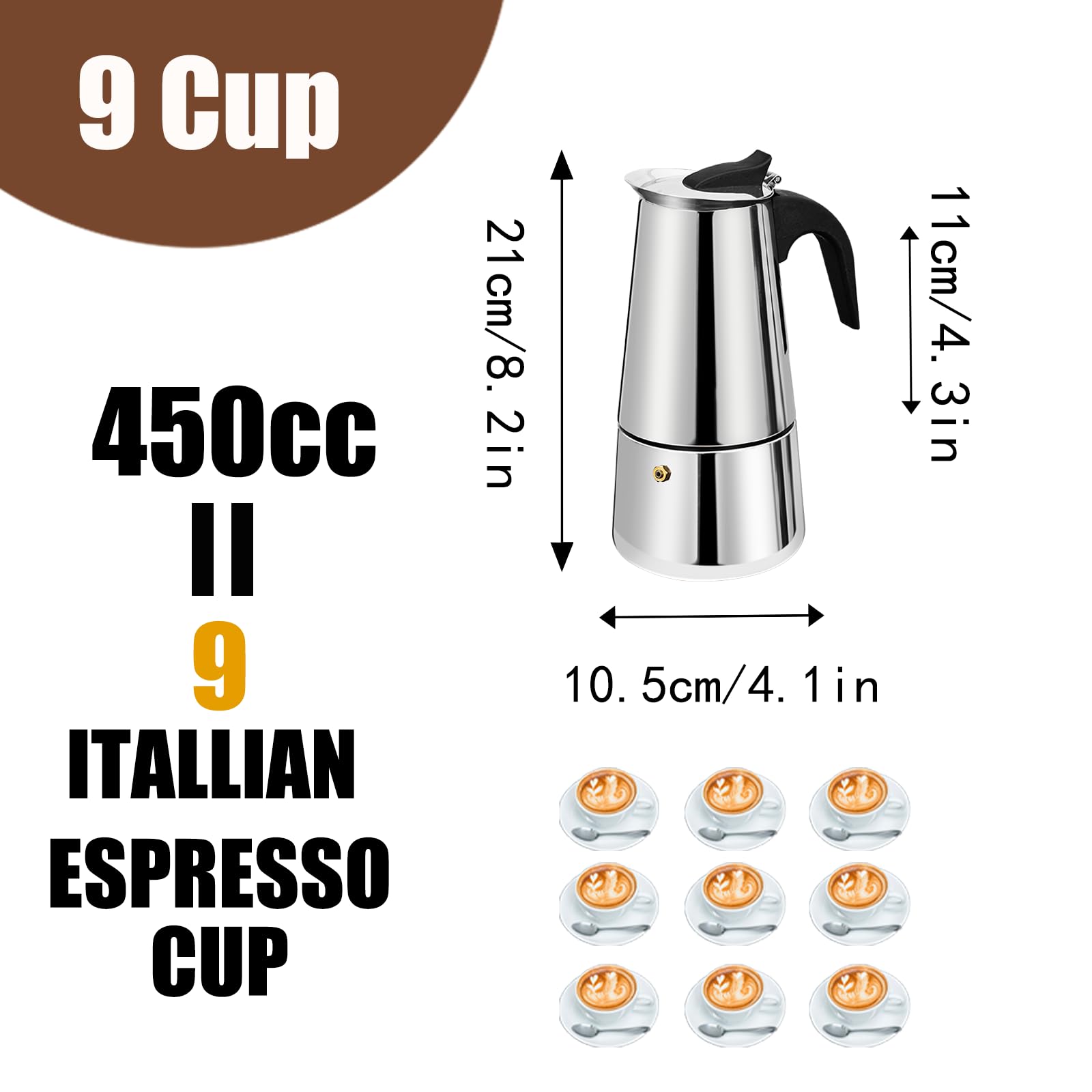 Cafetera Espresso de 9 Taza de Acero Inoxidable Moka Pot Cafetera Espresso Percoladora Cafetera Italiana Capaz Cafetera Moka Cafe Classic Maker Para el Hogar y Camping 450ml 15oz