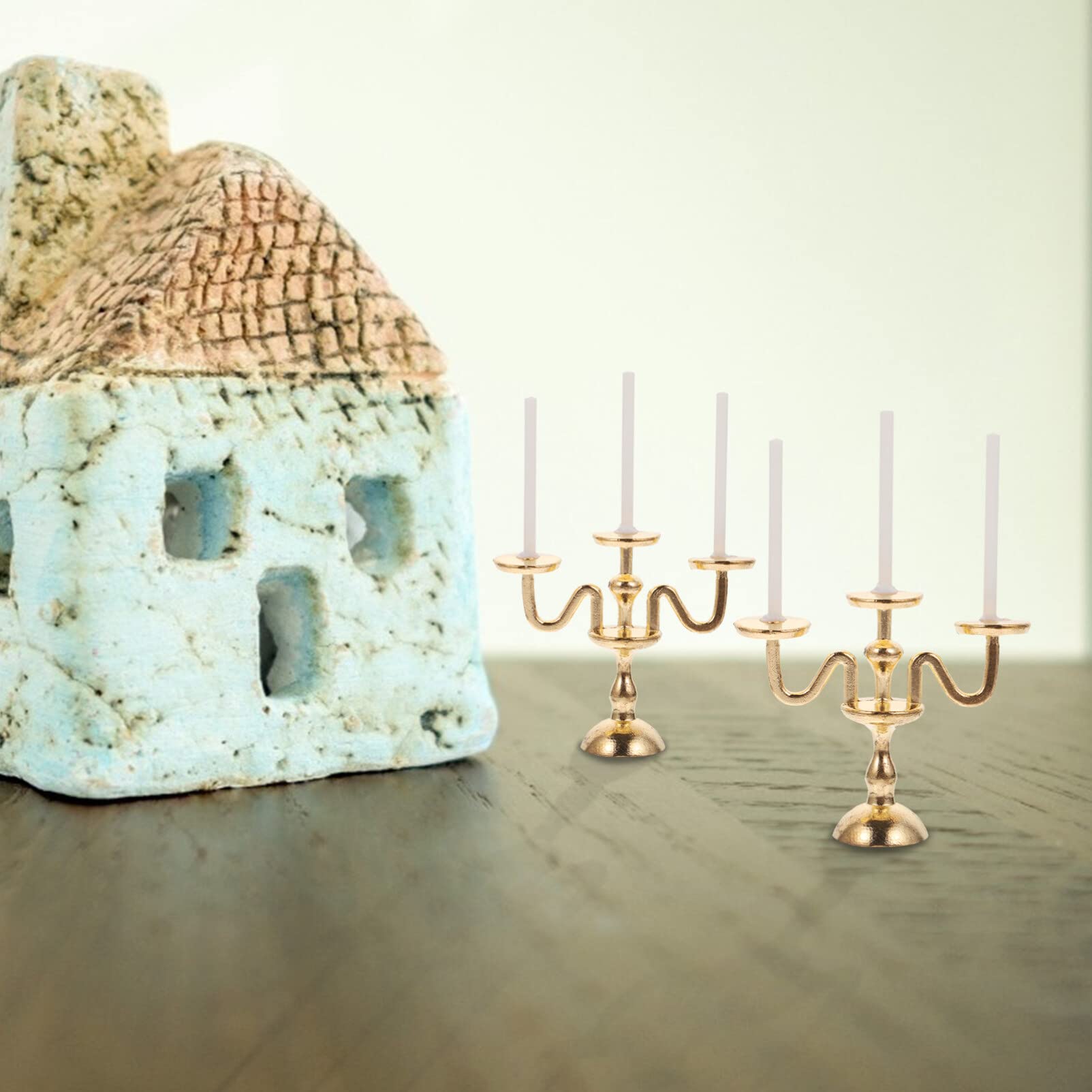 1:12 Scale Miniature Candelabra - 2 Pack Golden Alloy Three-Head Candle Lamp For Dollhouse Decor - View #7