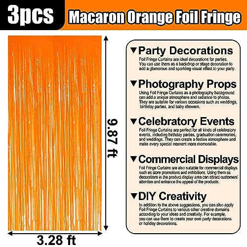 Image of 3 Pack Macaron Orange Foil Fringe Curtain Backdrop, 3.28Ft x 9.8Ft Metallic Tinsel Foil Fringe Streamer Curtains for Photo Booth, Christmas Day, Thanksgiving, Wedding, New Year Party Decorations