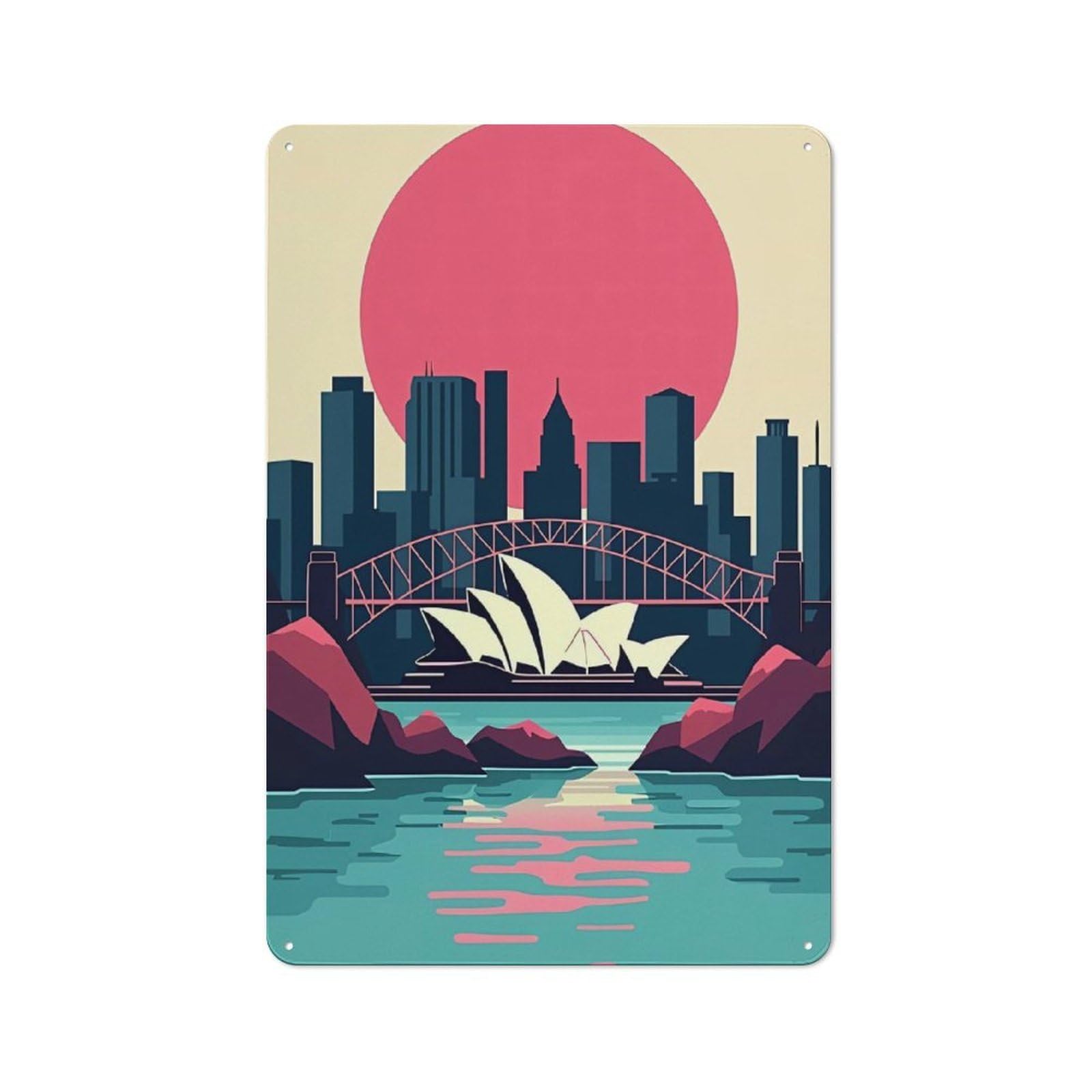 Junmoney Sydney Skyline With Opera House For Studio Or Craft Room, Retro-Style Tin Sign 30X20cm, For Metal Sign Collectors, For Garage And Workshop Walls
