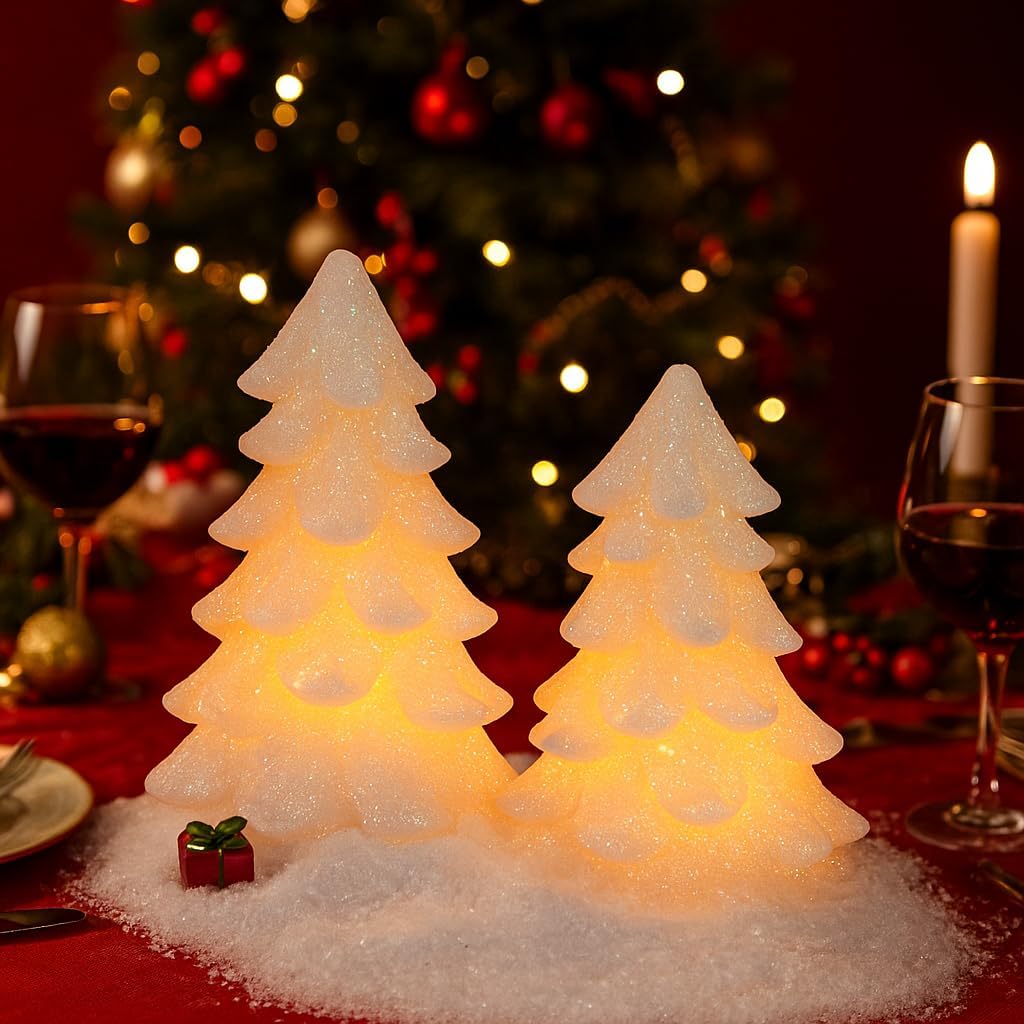 2 Pcs White Glittering Christmas Tree Shaped Flameless Candles with Timer, Real Wax Flickering Battery Operated LED Candles for Christmas Home Party Decoration