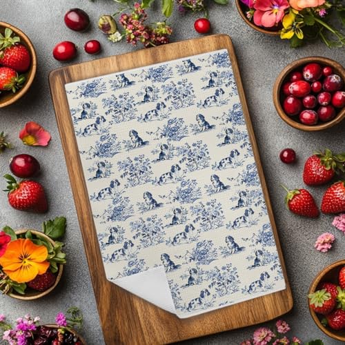 Image of Chinoiserie Cavalier King Charles Spaniel Kitchen Towels, King Charles Cavalier Gifts Dish Tea Towels for Kitchen, Grandmillennial Toile de Jouy Dog Hand Towels for Bathroom, 16x24 Inch