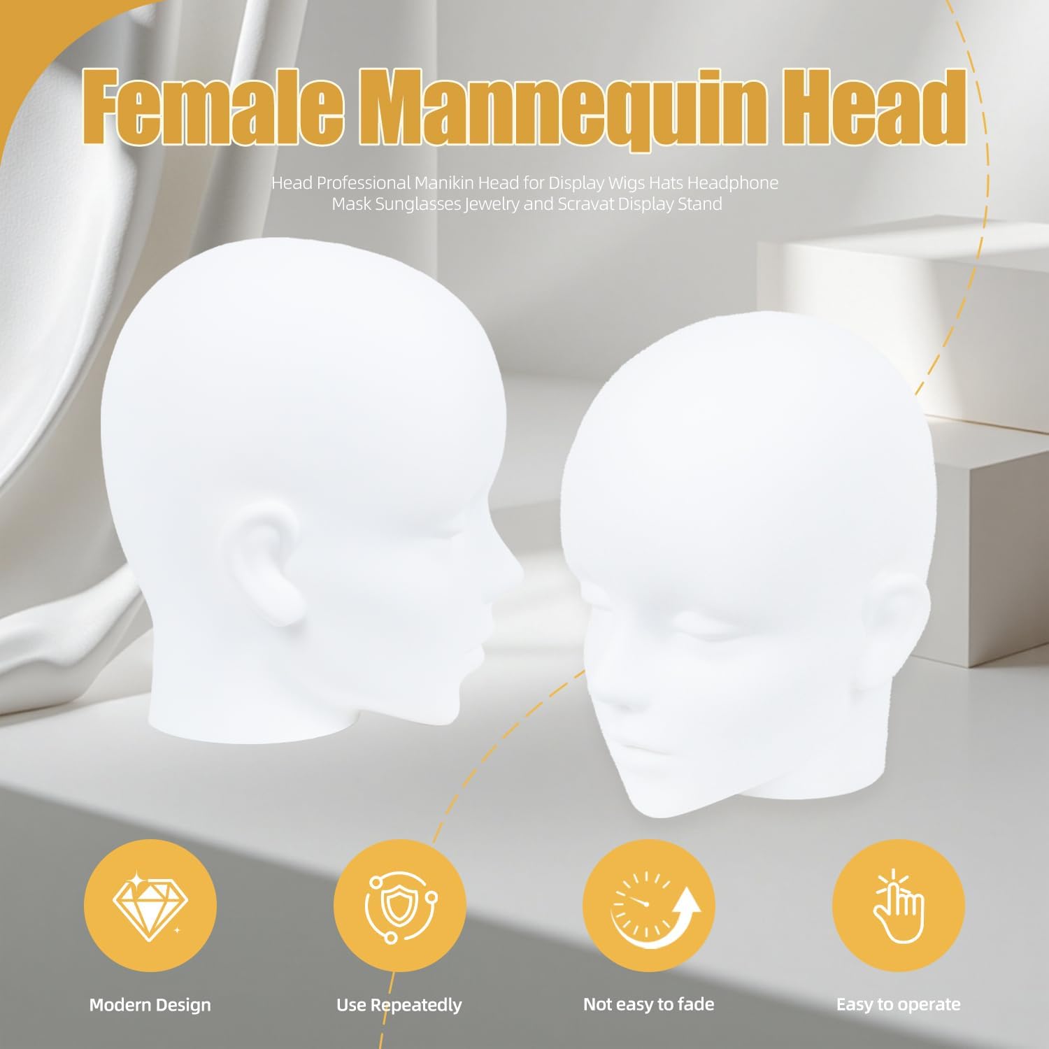 Adjustable Mannequin Wig Head with Black Metal Stand – Display Head for Wigs, Hats, Caps, Headdress, Styling Display for Salon or Home Use 21" Circumference Head (White)