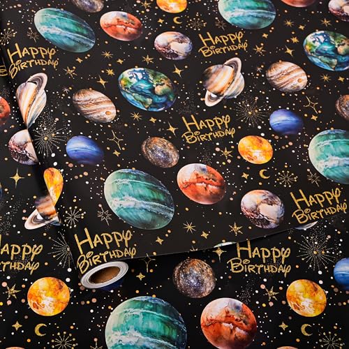 Vnaaem Space Wrapping Paper Roll for Boys Girls Kids - Solar System Planets & Happy Birthday Galaxy Gift Wrap for Kids Birthday Baby Shower Holiday Craft DIY Party - 17 in x 20 ft(Total 28.5sq.ft)