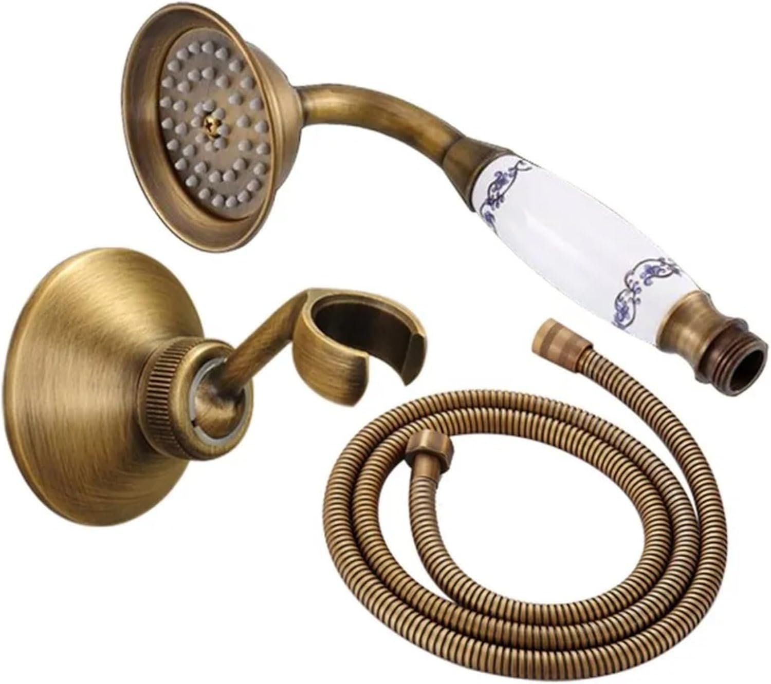 3PCS/Set Antique Brass Porcelain Handheld Shower Set 8.8 Inch Copper Head 59 Inch Hose Wall-Mount