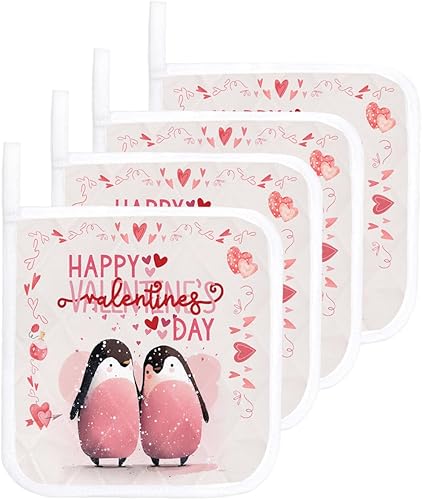 4 Packs Valentine's Penguin Pot Holders Sets for Kitchen,Oven Pan Plate Bowl Pads Heat Proof Mat with Hanging Loop,Terry Cloth Potholders Soft Grip