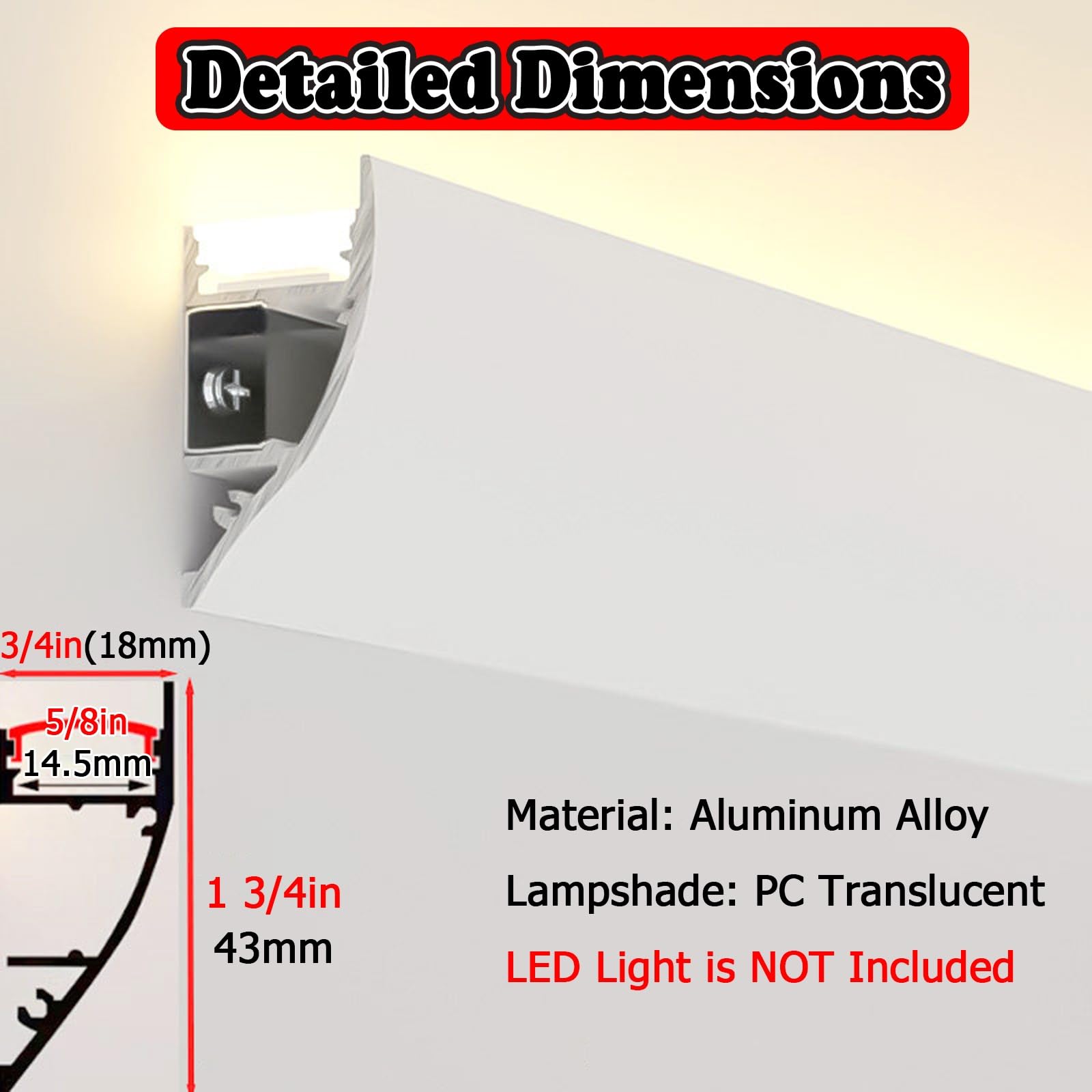 Taza de luz LED Canaleta LED empotrada en Superficie, Canaleta LED de Aluminio Impermeable para baño/Cocina/Oficina, Canaleta de Techo para iluminación indirecta(2m/6.6ft)