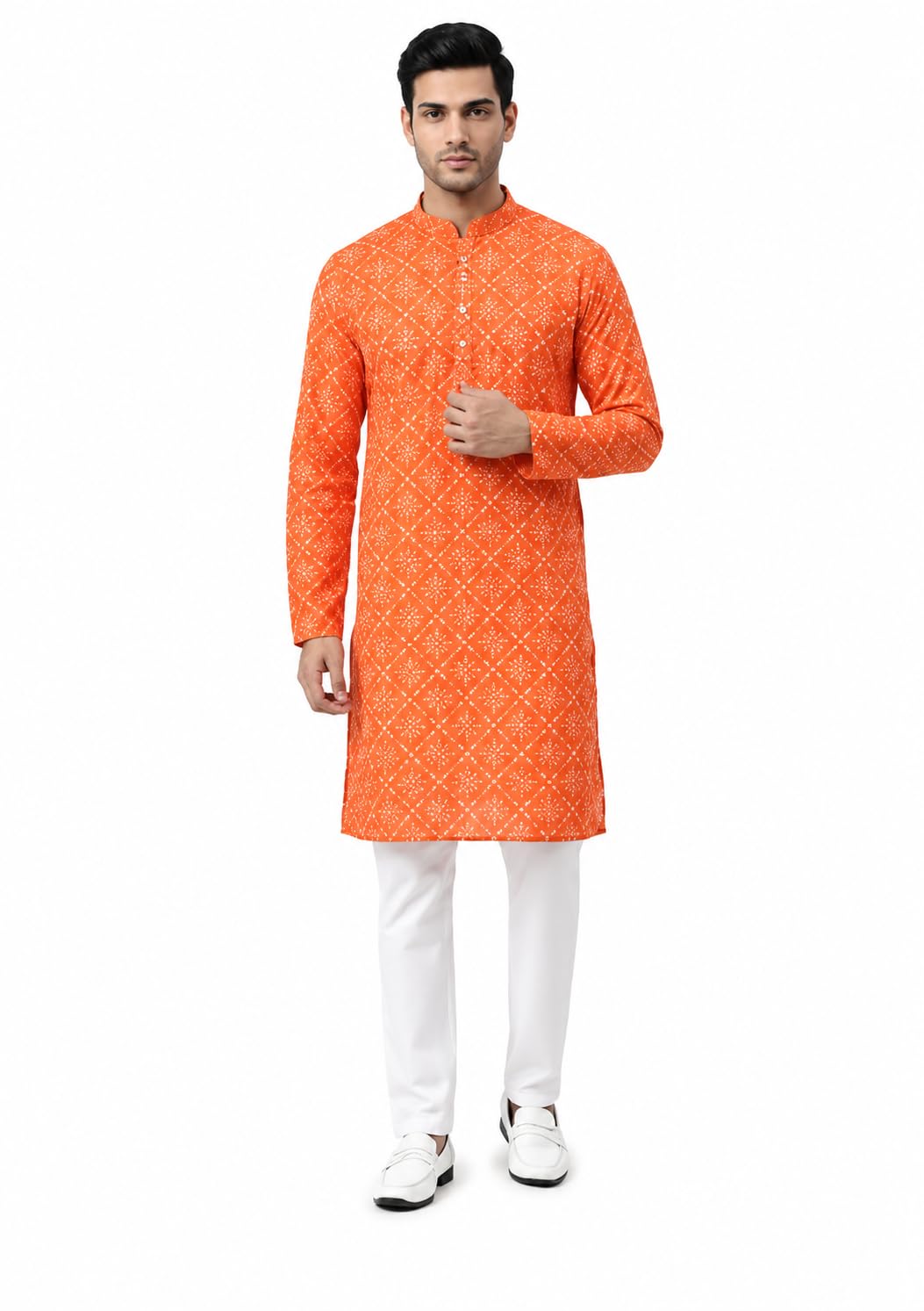 Men's Orange Bandhani Print Kurta with pajama set Mandarin Collar (S)-image-19