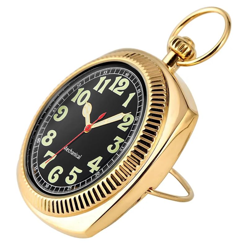 Image of Uncovered Men's Mechanical Pocket Watch with Chain, Uncovered Roman Design Dial Chain Mechanical Pocket Watches for Men