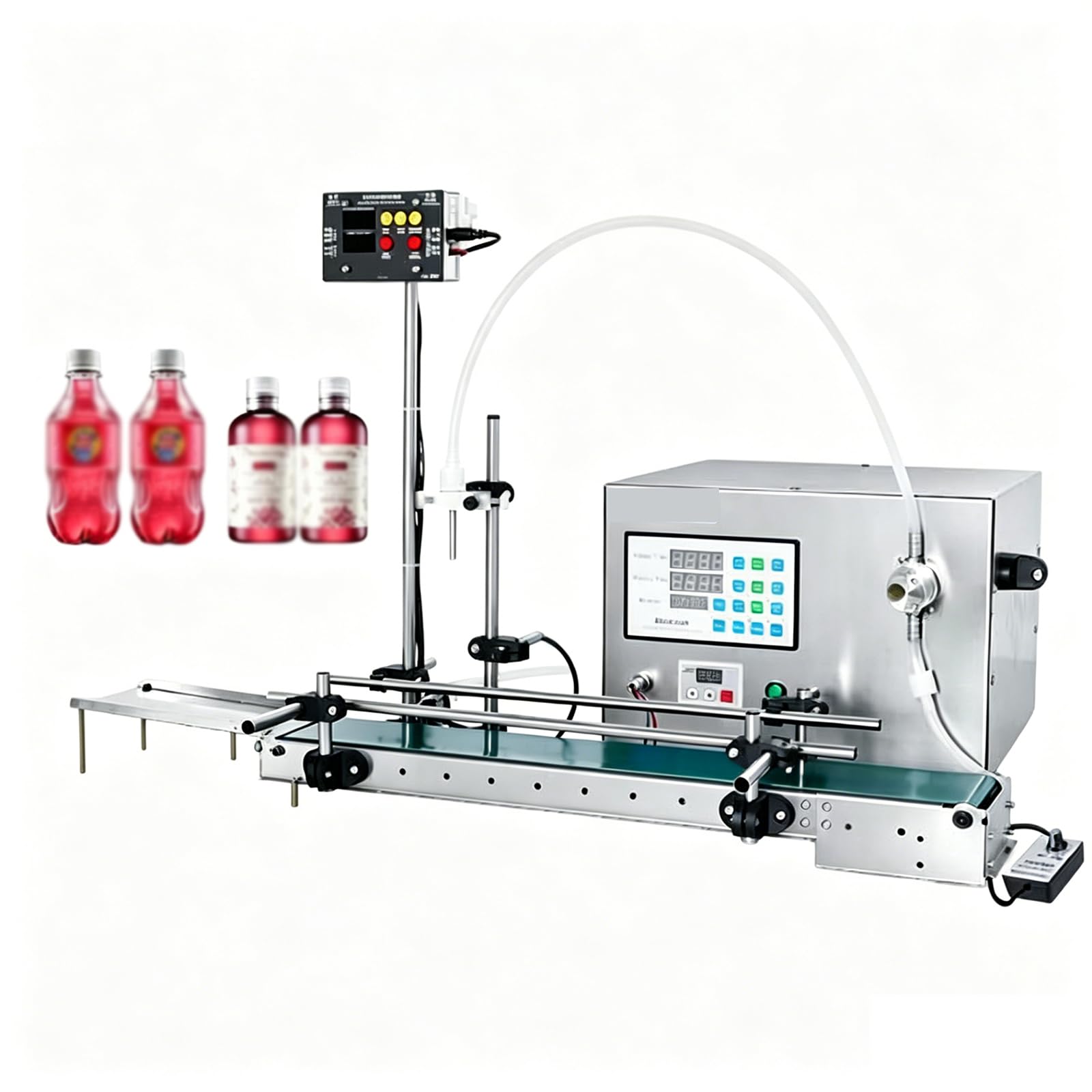 Máquina llenadora de líquidos para botellas, equipo de llenado cuantitativo de 60 cm con transportador de 60 cm y bomba magnética, botella con sensor automático, velocidad de llenado y entrega