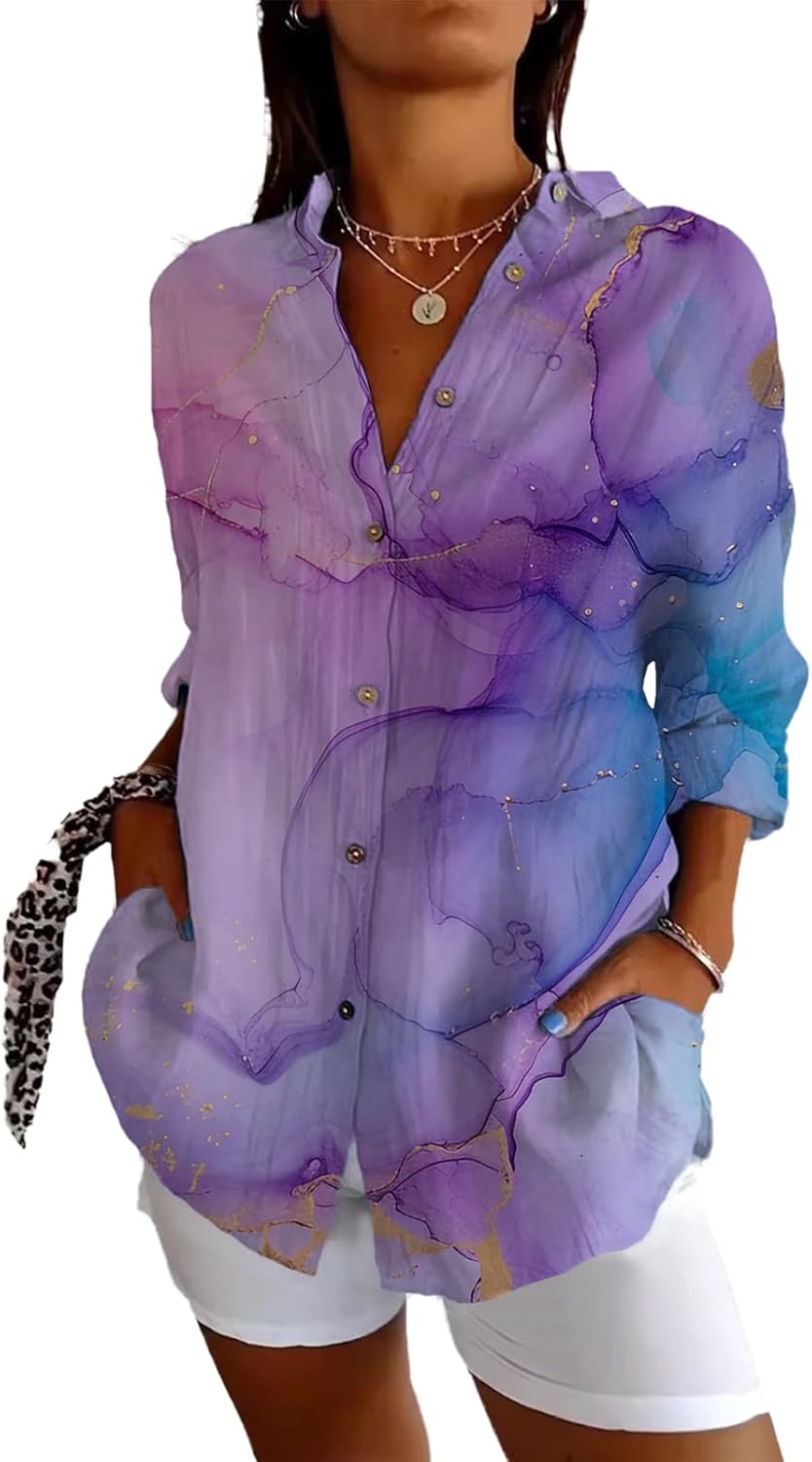 T Shirts for Women Trendy Button Up Rolled Three-Quarter Sleeves V Neck Stylish Blo...