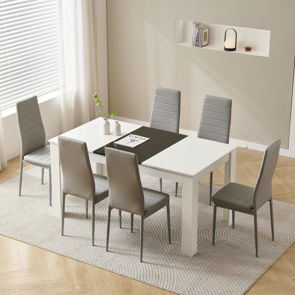 Rainbow Tree 150cm Large Dining Table Set of 6, Modern Dining Table with 6 Grey Leather Dining Chairs for Dining Room, Kitchen Set for Family Wooden