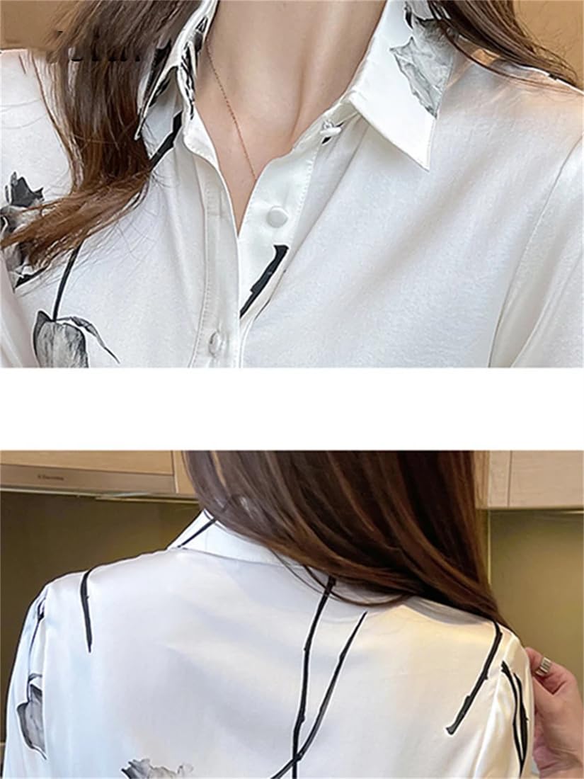 Camisas De Mujer Camisas Florales De Satén Camisas con Estampado De Seda De Oficina Tops De Gran Tamaño