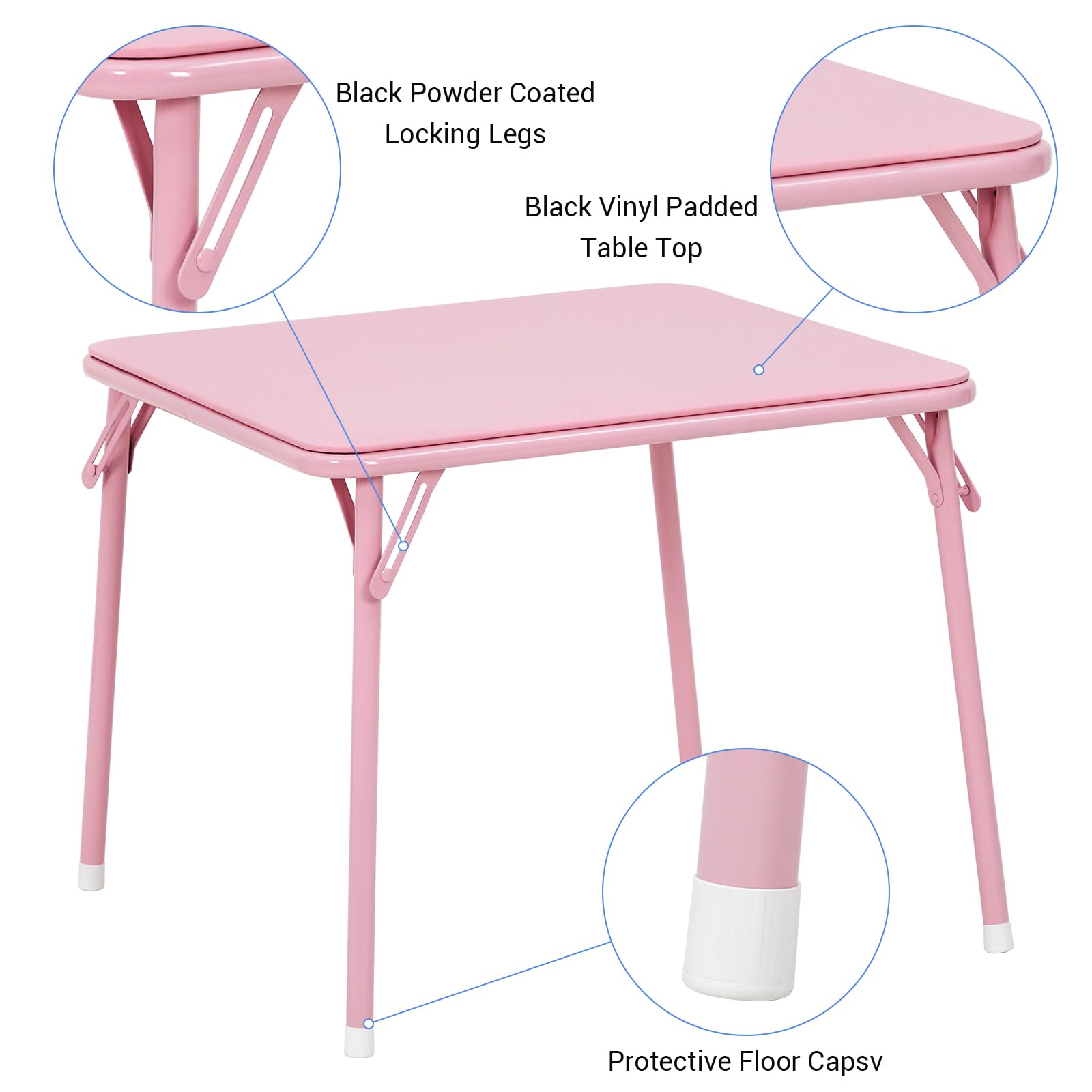 Zstar Conjunto de Mesa y Sillas Plegables para Niños, Mesa Infantil | con 4 Sillas Acolchadas de PU Marco de Acero Resistente, Ahorra Espacio, para Comedor, Sala de Juegos y Dormitorio, Rosa