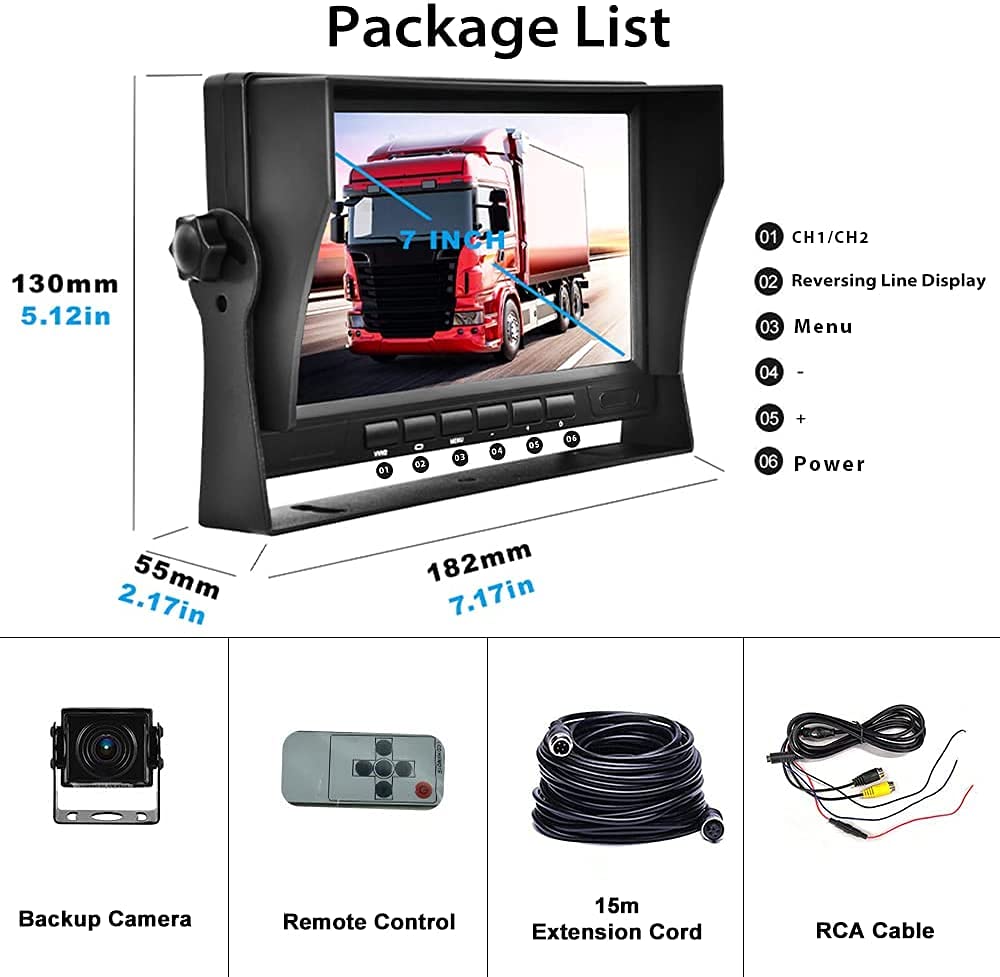 Hikity Cámara de Marcha Atrás y 7 Pulgadas Monitor, IP69 Impermeable Visión Nocturna Camaras de Visión Trasera Reversa con 50ft pies para Camiónes, Autobuses, RV, Caravanas, Furgonetas, 12V-24V