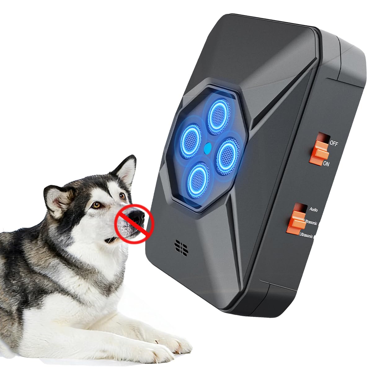 Ahuyentador para Perros,Antiladridos para Perros Ultrasónicos,4 Transmisores Potentes, 3 Niveles Ajustables, Ideal para Uso Interior y Exterior, Adecuado para Todas las Razas y Tamaños