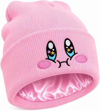Kid-by Satin Lined Knit Beanie Cute Anime Hat with Embroidered Face, Acrylic with Silk Lining for Women & Men