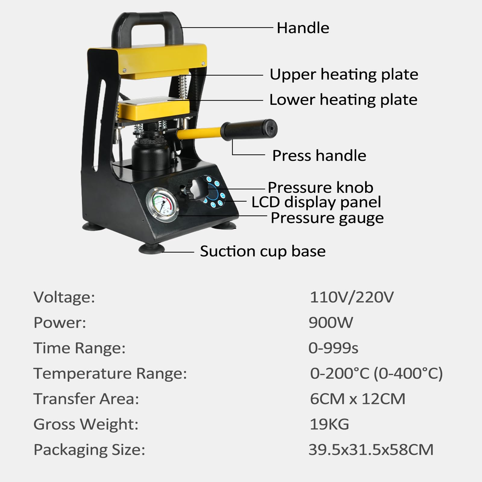 Ręczna hydrauliczna prasa transferowa z wyświetlaczem LCD i miernikiem próżniowym, zakres czasowy 0-999 S, powierzchnia transferu 6 x 12 cm, ciśnienie do 10 t, idealna do projektów DIY