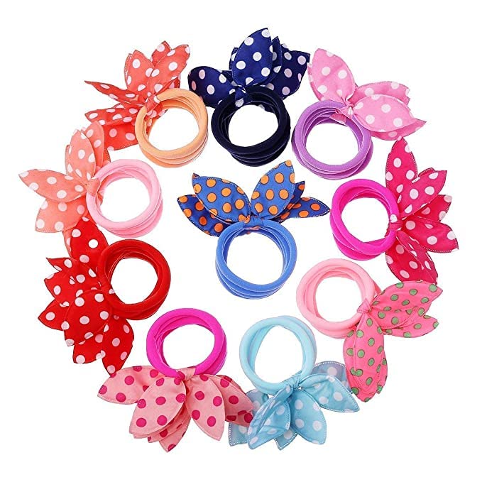 GIRLYZ ATTIRE Girl's Rabbit Ear Hair Tie Rubber Bands Style Ponytail Holder (Multicolour) -12 Pieces