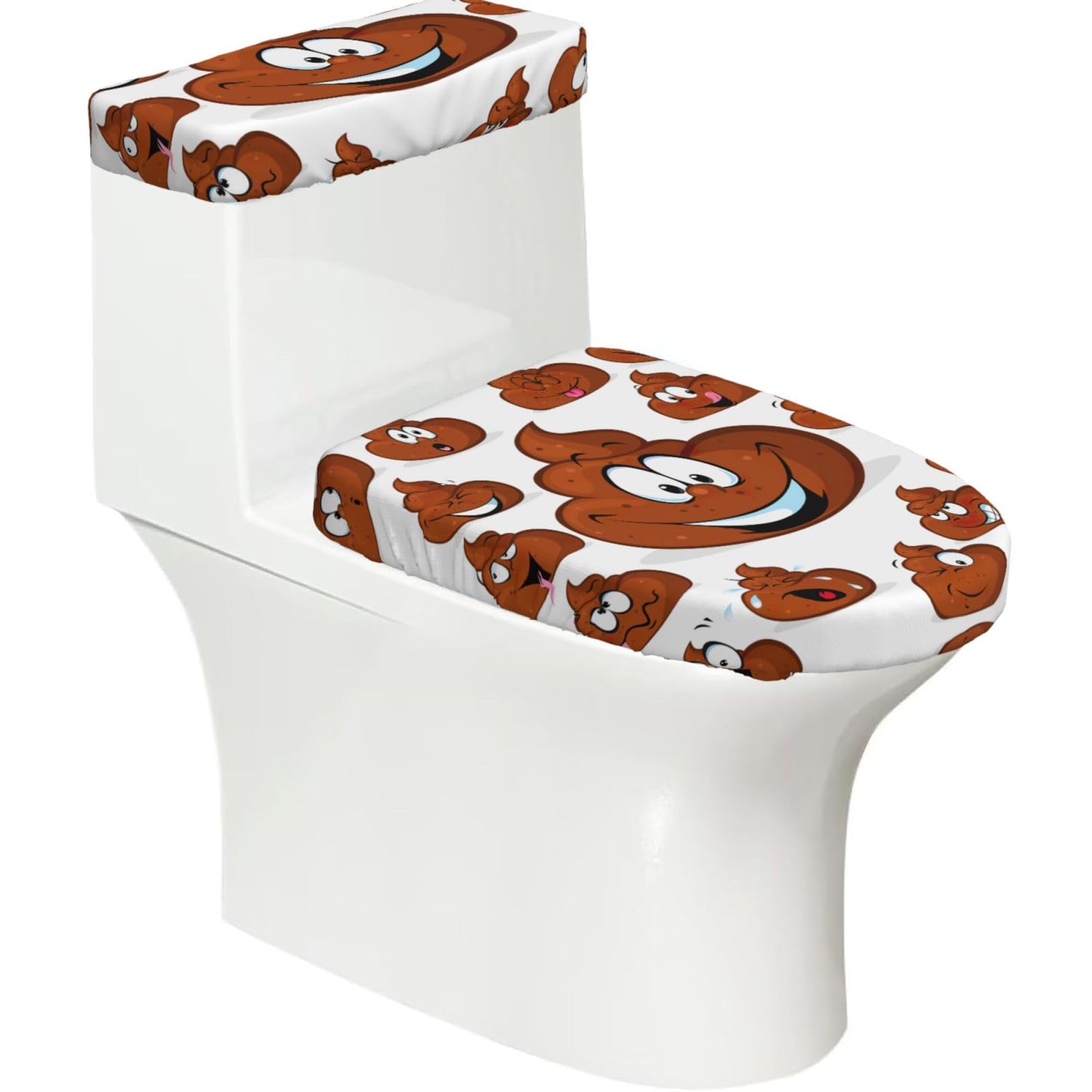 Funny Poop Printed Toilet Tank and Lid Cover Set of 2 for Most Bathrooms, Fits Elongated Round Toilets