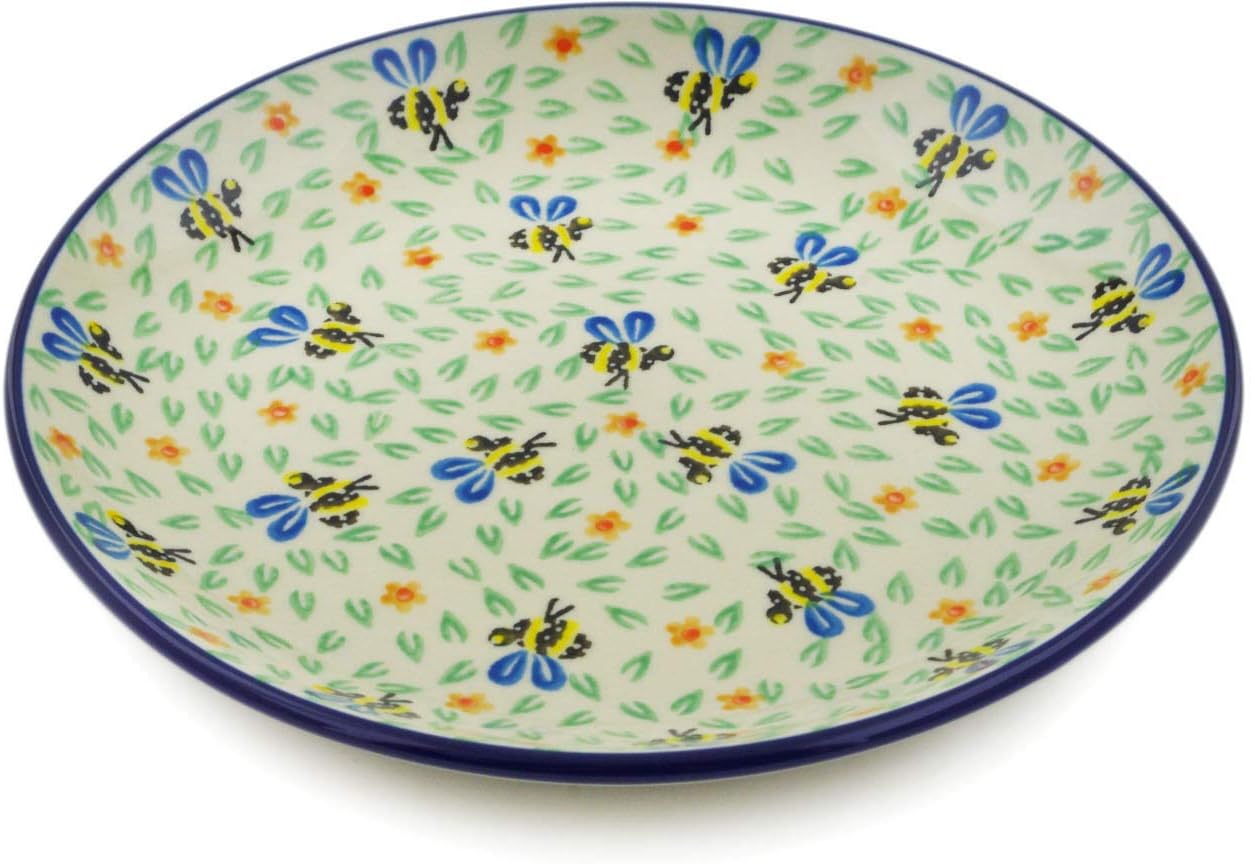 Polmedia Polish Pottery Dessert Plate - Honey Bee Pattern Handmade in Boleslawiec Poland by Ceramika Artystyczna + Certificate of Authenticity