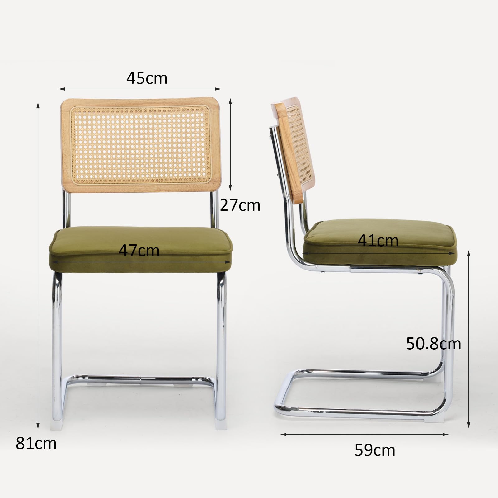 SoarFlash Mid-Century Moderne Esstühle, Handgewebte Rattanlehne, Cantilever-Struktur aus Verchromtem Stahl, Weiches Samtpolster, Set aus 2, Grün