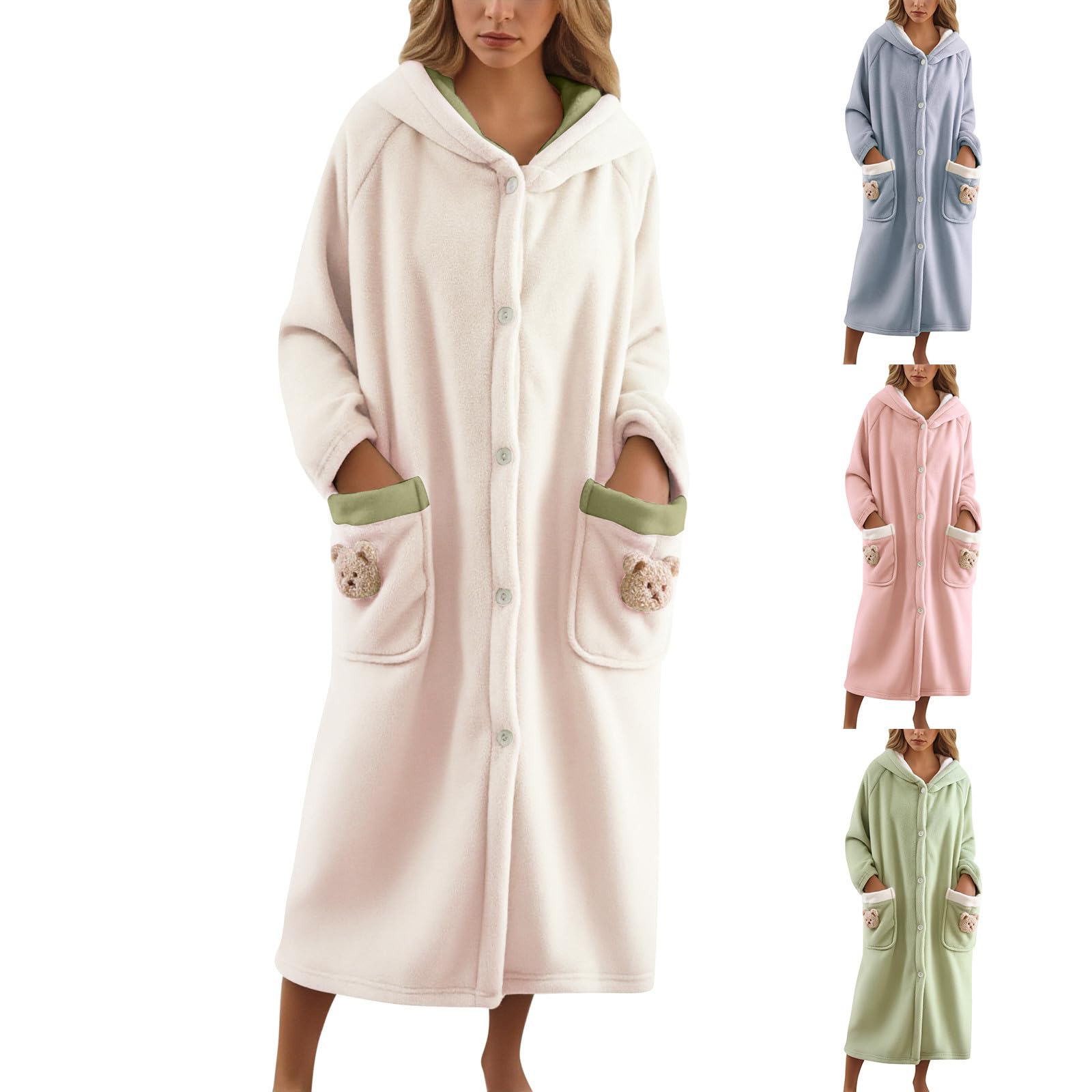 Generisch Camicia da notte da donna, a maniche lunghe, in flanella, soffice, con bottoni, con cappuccio, carino, vestibilità comoda, biancheria da notte media, termica, in morbido pile