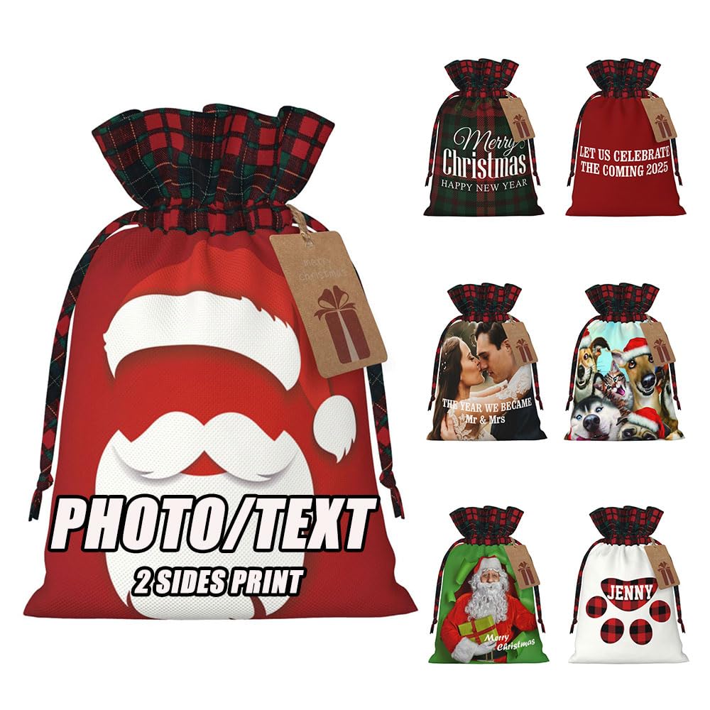 CLOAZKU Custom Plaid Gift Bag for Business, Design Your Own Xmas Gift Bag, Custmize Drawstring Checkered Bag for Gift Storage, Personalized Cloth Gift