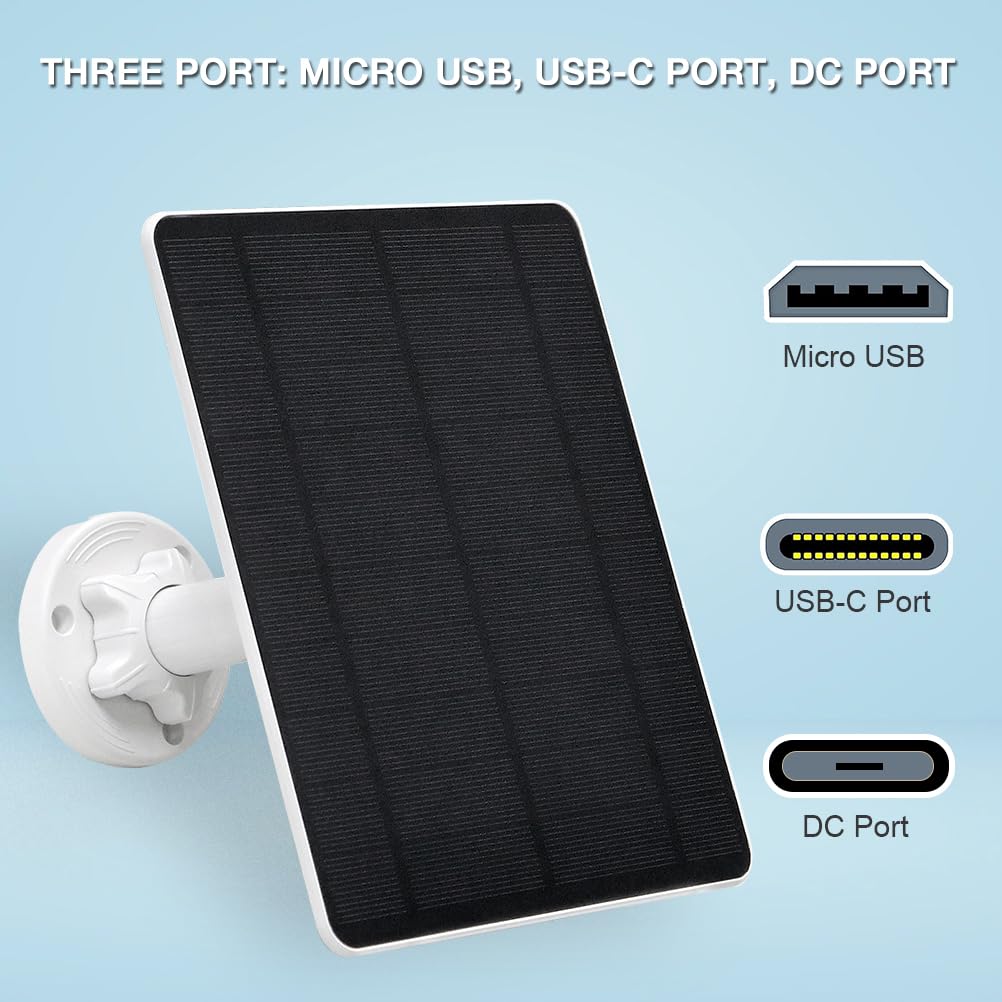 Pannello solare per telecamera di sicurezza, pannello solare USB da 5 W per fotocamere DC 5 V, caricatore per pannello solare per fotocamera, micro USB, USB-C e CC, pannelli solari impermeabili IP65