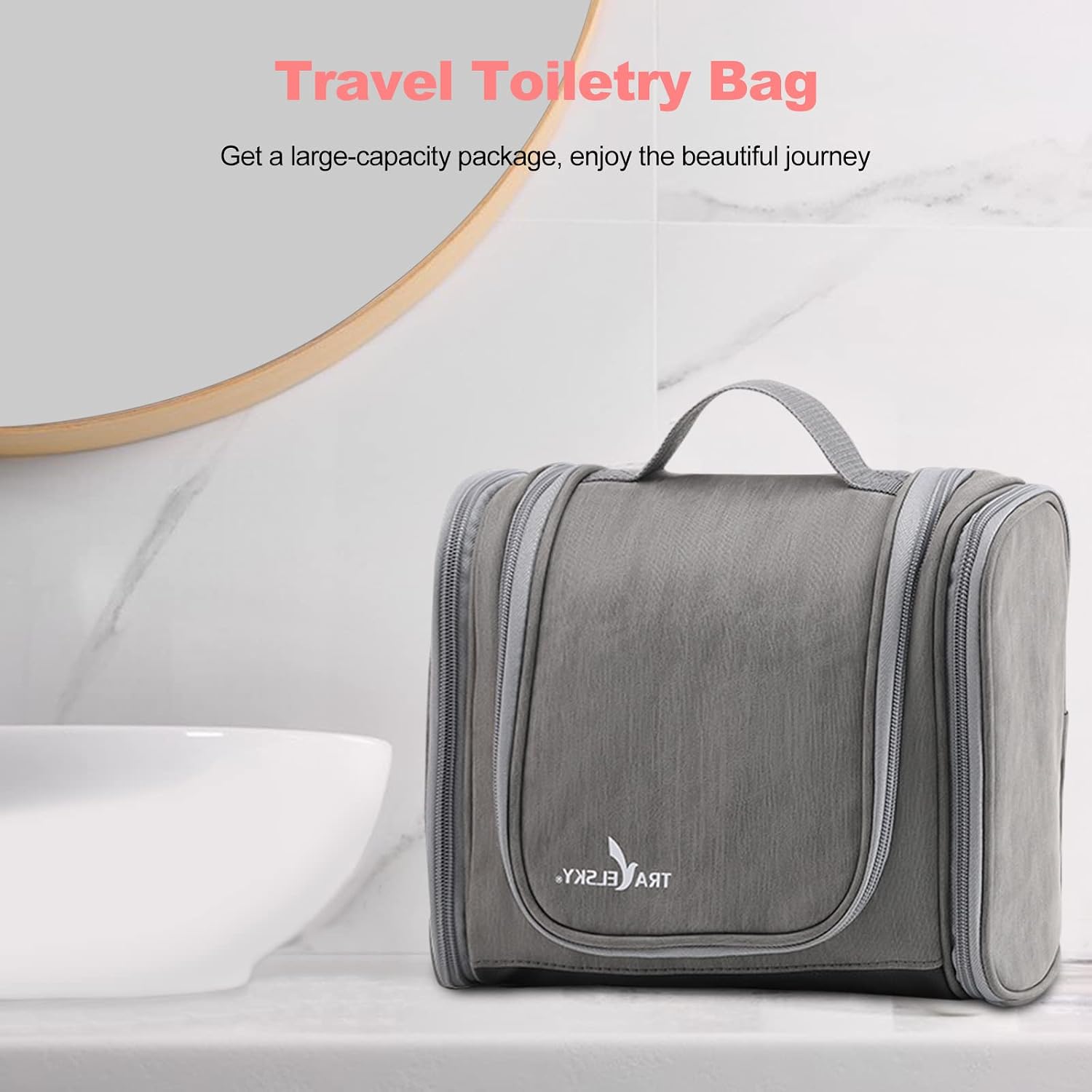 Ergocar Hanging Travel Toiletry Bag for Women & Men, Waterproof Travel Makeup Bag, Bathroom & Shower Travel Organizer with Elastic Band Holders for Family, Cosmetics, Brushes, Dark Gray