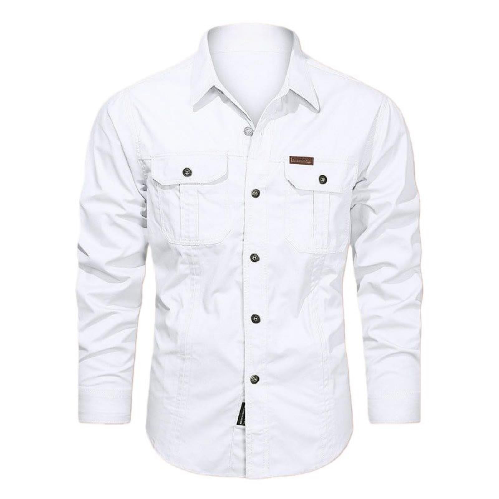 Camicia a maniche lunghe da uomo in cotone lavato multi-tasche per lavoro casual da lavoro