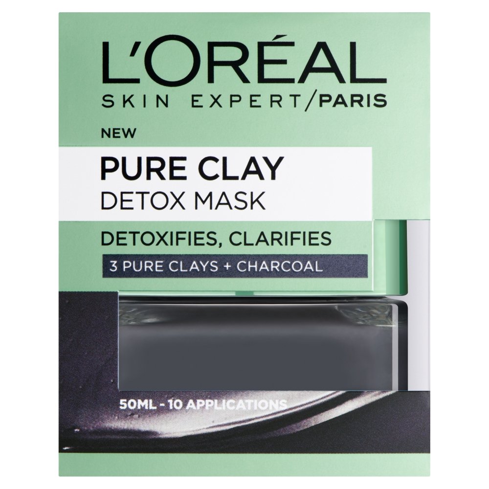 L'Oreal Paris Pure Clay Black Charcoal Detox Face Mask, Deep Cleansing Skin Care for All Skin Types 50 ml