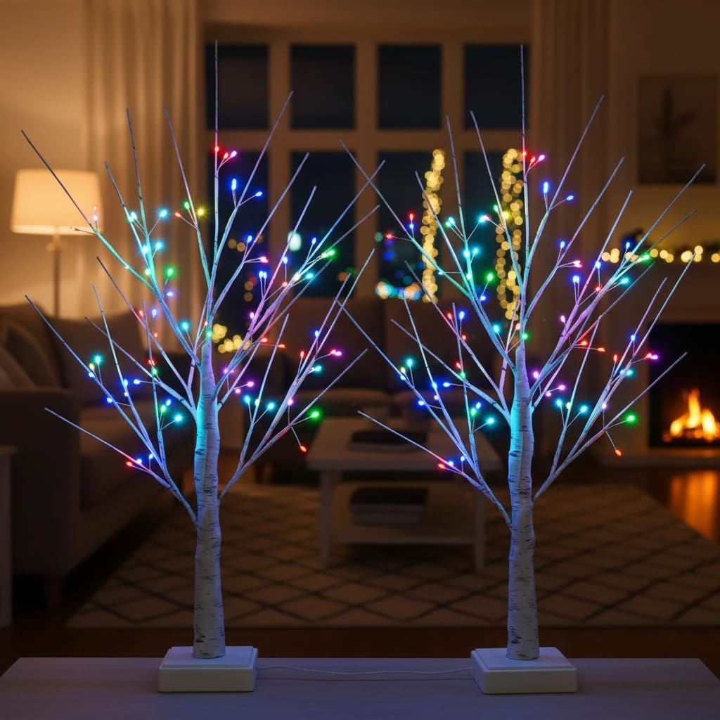2 Pack Birch Tree with 72 LED Lights & Remote - Christmas Decorations Indoor, 2ft RGB Color Changing Fairy Spirit Twinkling Tree for Bedroom, Wedding, Holiday Decor | USB/Battery Powered