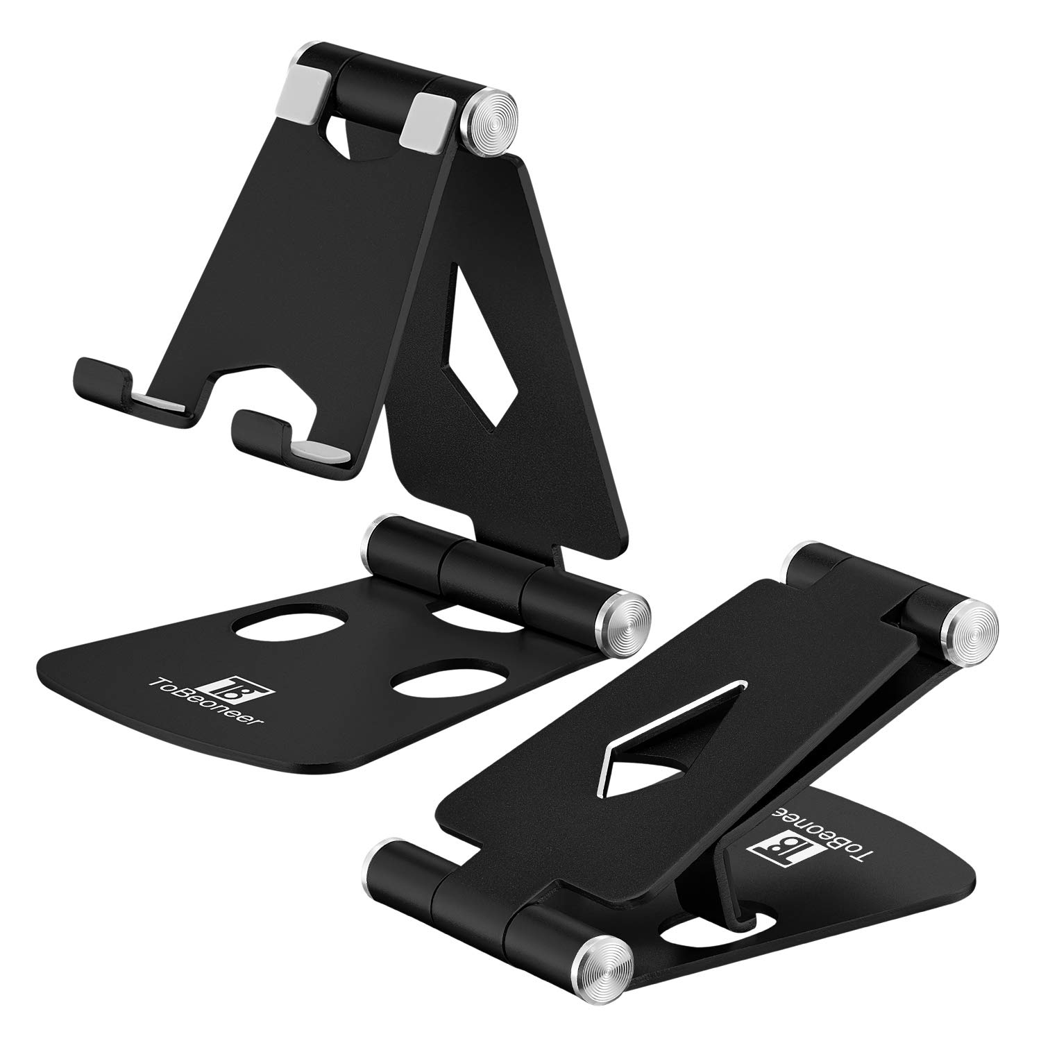 Adjustable Cell Phone Stand - ToBeoneer Mini Phone Holder for Desk, Small Size [Dual Angle] Portable Desktop Dock Compatible with iPhone XR XS X 9 8 7 6 Plus Samsung Google, Office Home Décor (Black)