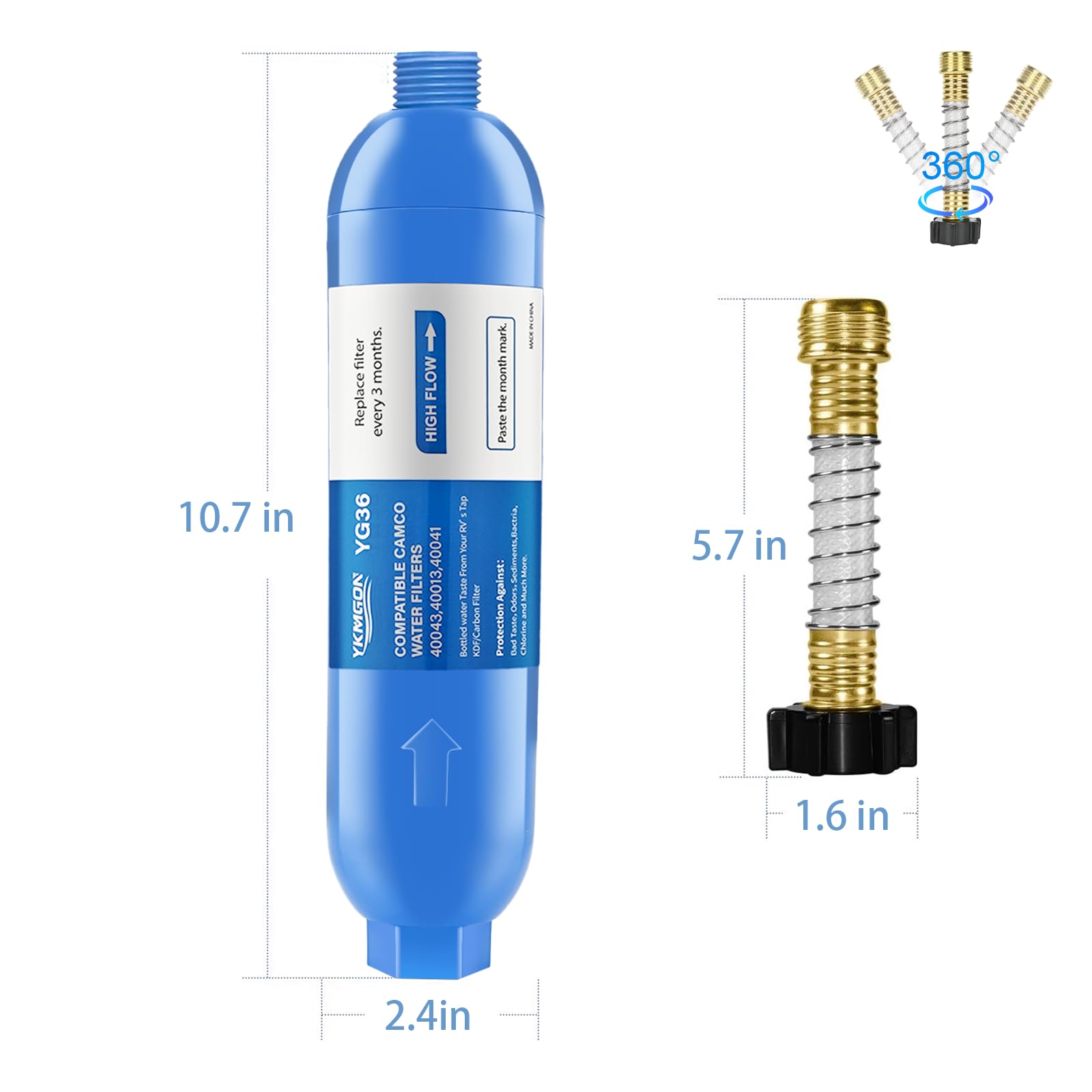Filtro de agua en línea/marino RV con protector de manguera flexible, 1 paquete | Reduce el mal sabor, olores, óxido, fluoruro, cloro y sedimentos en el agua potable