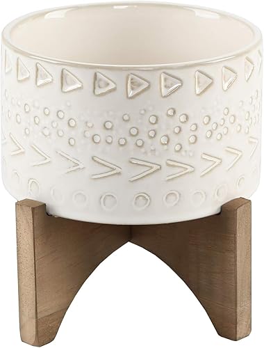 Flora Bunda Mid-Century - Maceta de cerámica con textura de hombre de las cavernas de 5 pulgadas en soporte de madera, marfil cavernícola, 5 pulgadas