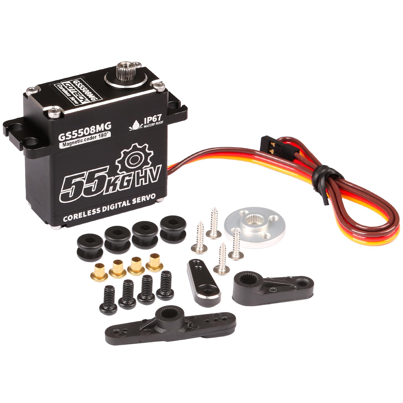 GOTECK 55KG Coreless Digital Servo,High Voltage 8.4V Full Metal Gear Waterproof Steering Servo with 25T Servo Horn for 1/6 1/8 1/10 RC Crawler Car,Robot,Boat,Truck Robot Parts (55KG(8.4V)-180°)
