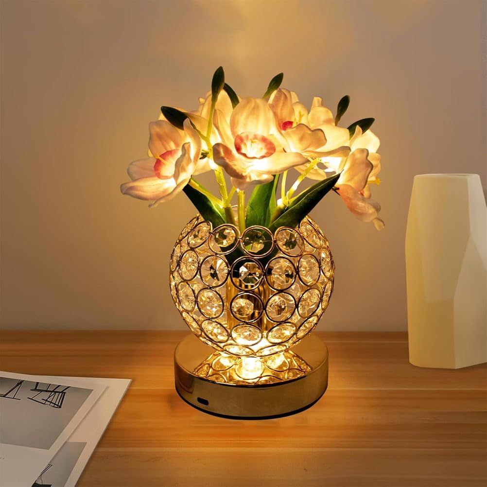 Luce d'atmosfera rotonda in cristallo rosa, lampada da scrivania a LED, ricarica USB, luce notturna con controllo touch, luce a 3 colori che cambia/oscuramento continuo, lampada touch per