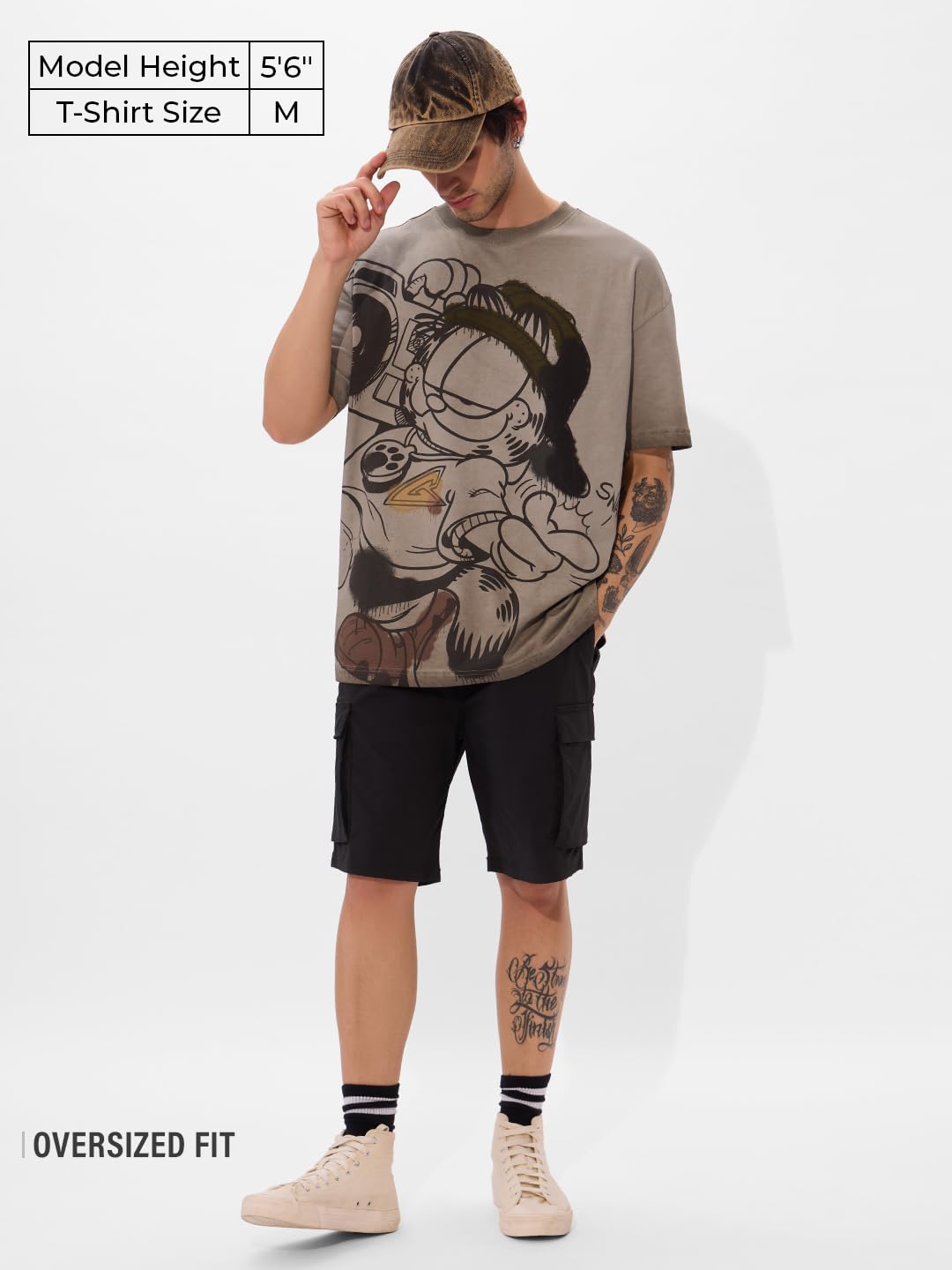 The Souled Store Garfield Beat It T-Shirt, Oversize, Kurzarm, Rundhalsausschnitt, Baumwolle, Puff-Print, Grau, für Herren und Jungen