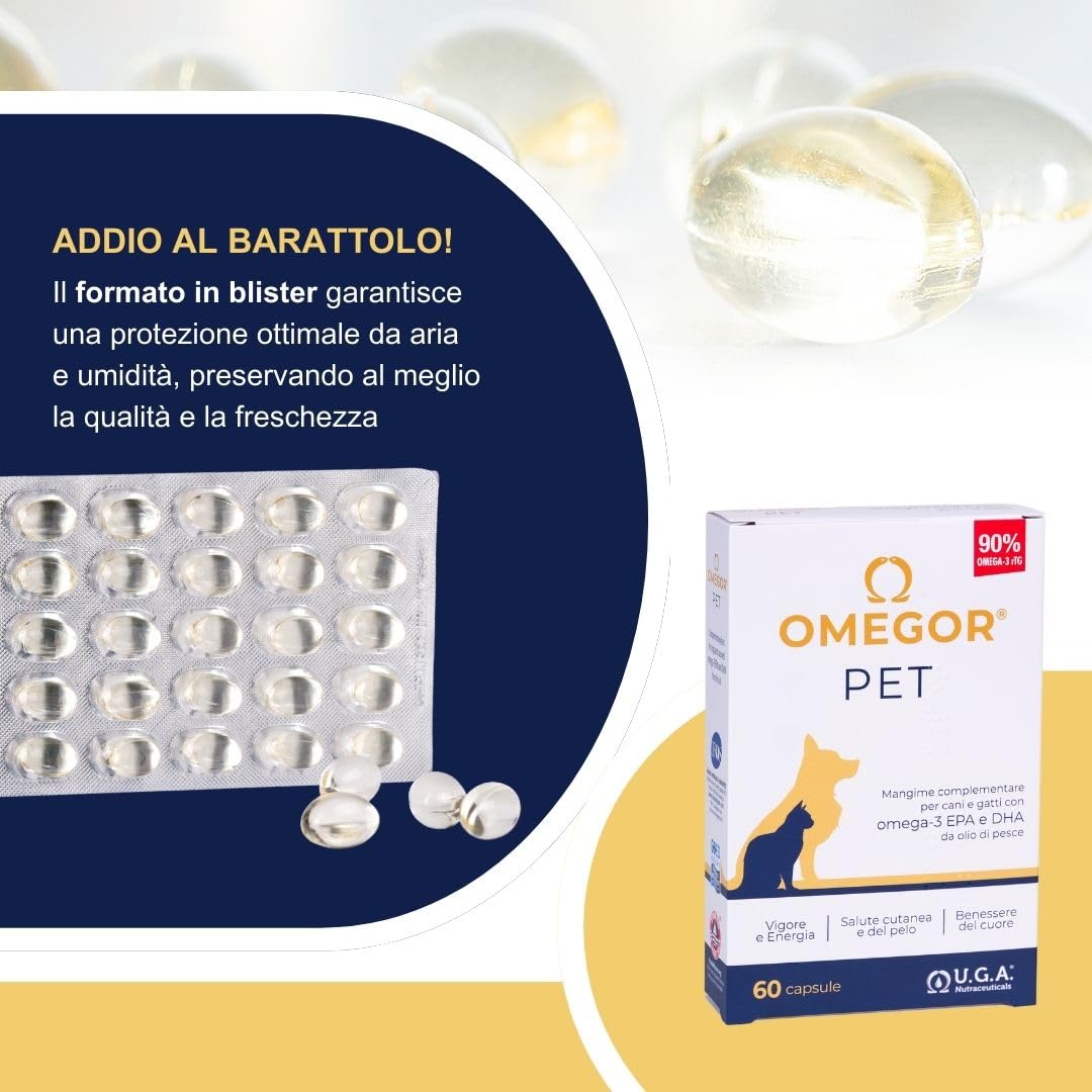 OMEGOR Pet Omega 3 per Cani e Gatti con EPA e DHA da Olio di Pesce Purificato - 60 Capsule di Omega3 IFOS Certificato per la Salute del Pelo e delle Articolazioni del tuo Pet