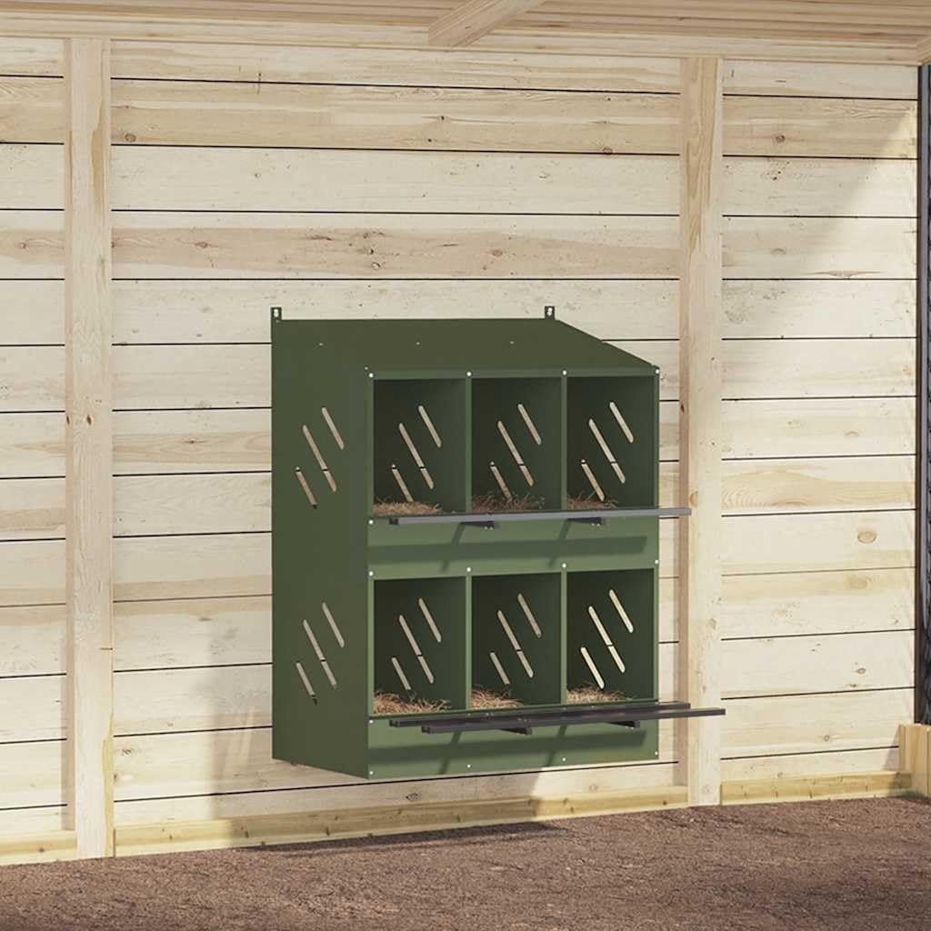 Brokky 864351 Nido per Polli con 6 Scomparti in Metallo Verde Oliva Nido per Galline Ovaiole,Ideale Pollaio Interno ed Esterno Tetto Spiovente