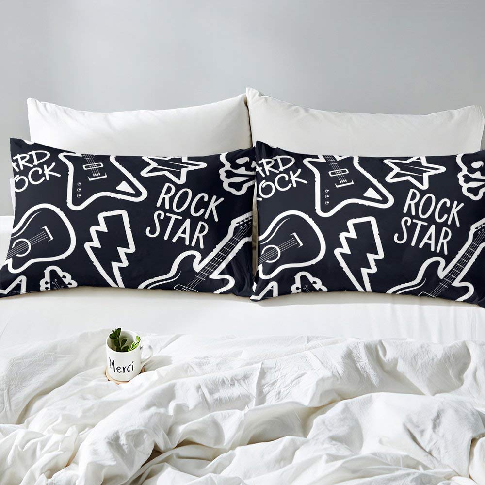 Black to Blue Rock Star Style Comforter Cover Set for Kids Girls Teens White Guitar Pattern Duvet Cover Microfiber Quilt Cover Decor 2Pcs Bedding with 1 Pillowcase Single,Single (53 inchx79 inch) - Image 4