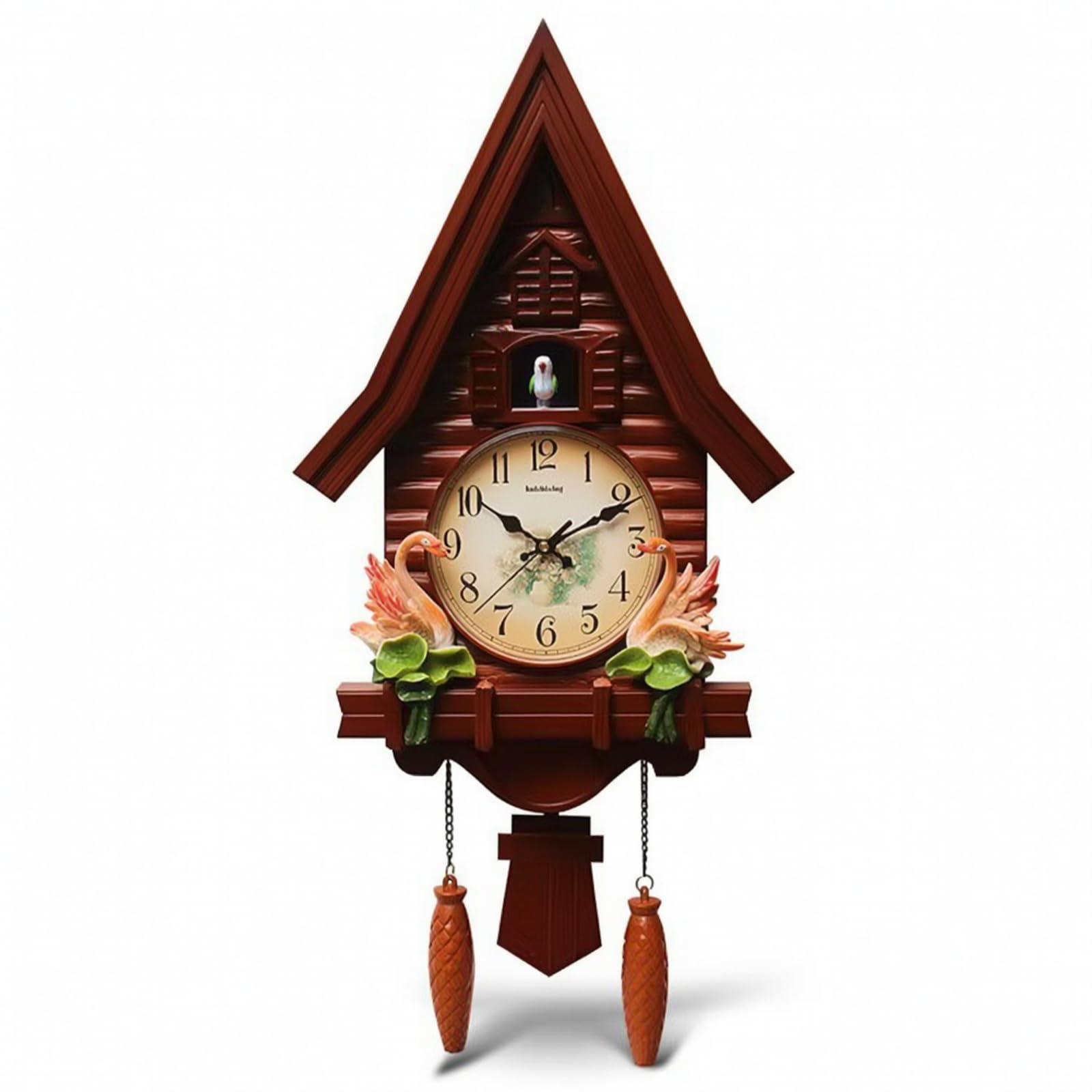 Qianly Reloj Reloj con Pájaro corativo con Forma Casa Tallado para Salón, 3602 Cisne - Marrón Rojizo, Reloj De Cuco De Pared con Cisnes Y Péndulo, Color Marrón Rojizo