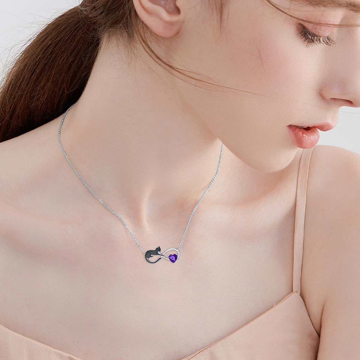 Schwarze Katzen Kette mit Geburtsstein für Damen, 925 Sterling Silber Unendlichkeits und Katzen Halskette Schmuck Geschenke für Katzenliebhaber