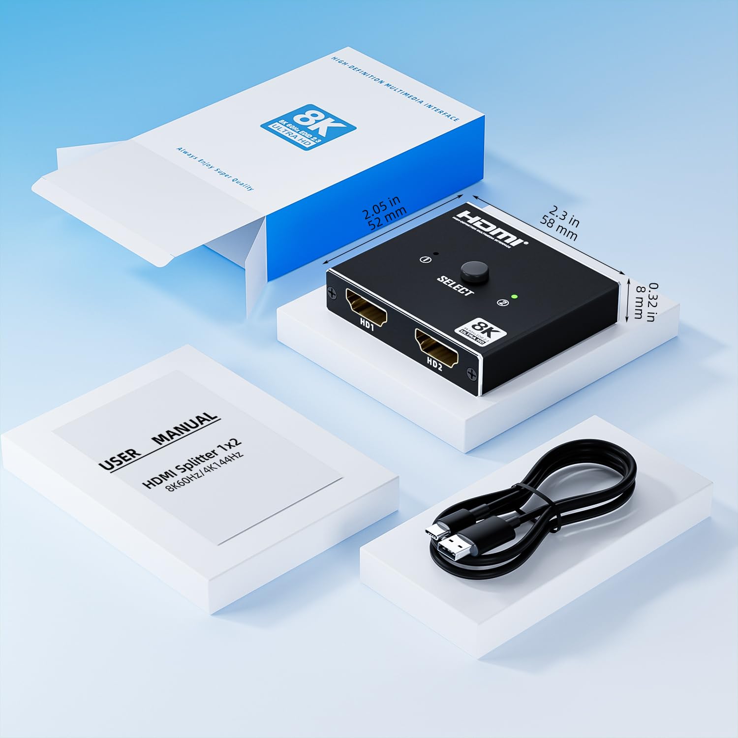Commutateur HDMI 2.1 bidirectionnel 8K – Commutateur 2 en 1 de sortie/répartiteur 1 en 2 prend en charge 8K @ 60 Hz et 4K @ 60 Hz, 48 Gbit/s, 4:4:4 bits, commutateur haute résolution UlrtaHD entre 2