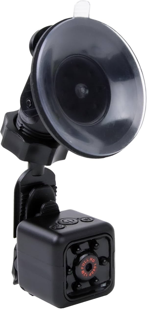 Cámara mini de acción y dashcam ONN con soporte para parabrisas, cámara para auto con micrófono integrado, 1080P, lente gran angular de 90 grados, detección de movimiento, incluye cable de video Mini-USB, clip para cámara, tarjeta MicroSD de 8 GB
